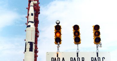 Original signs during the Saturn V era show three pads within Launch Complex 39.  Photo credit: NASA / Public Domain.