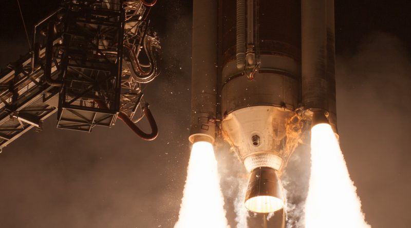 Delta IV's Aerojet Rocketdyne RS-68A main engine and four Orbital ATK GEM-60 solid rocket boosters propel the WGS-9 satellite off the launchpad.  Photo credit: Dawn Haworth / We Report Space