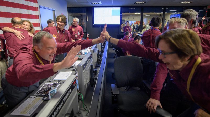 Tom Hoffman, InSight Project Manager, NASA JPL, left, and Sue Smrekar, InSight deputy principal investigator, NASA JPL, react after receiving confirmation that the Mars InSight lander successfully touched down on the surface of Mars, Monday, Nov. 26, 2018 inside the Mission Support Area at NASA's Jet Propulsion Laboratory in Pasadena, California. InSight, short for Interior Exploration using Seismic Investigations, Geodesy and Heat Transport, is a Mars lander designed to study the "inner space" of Mars: its crust, mantle, and core. 
Photo Credit: (NASA/Bill Ingalls)