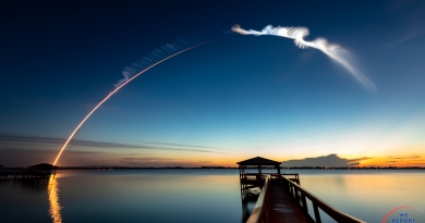 This single, 251-second long exposure follows the early flight of an Atlas V rocket on August 8, streaking eastward toward the dawn from Cape Canaveral Air Force Station, planet Earth.  Photo credit: Michael Seeley / We Report Space