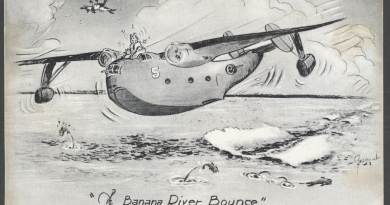 US Navy cartoon depicting the "Banana River Bounce," a Martin PBM Mariner having a bumpy touchdown on the surface of the Banana River.