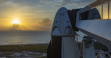 The sun rises over Kennedy Space Center's Launch Complex 39A and SpaceX's Crew Dragon capsule.  Official SpaceX Photo.