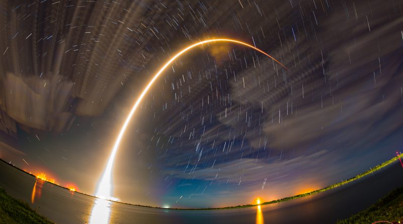 This is 16 minutes of star trails and then the 170 second  launch streak of the #JCSAT16 #Falcon9 rocket launched by SpaceX at 1:26am on August 1, 2016 from Cape Canaveral Air Force Station. This is a composite of 33 images. Photo Credit: Michael Seeley for We Report Space