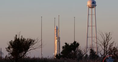 Sunrise over the Mid-Atlantic Regional Spaceport caresses the upgraded Antares 230 rocket with golden light on its final morning on earth.  Photo credit: Jared Haworth / We Report Space