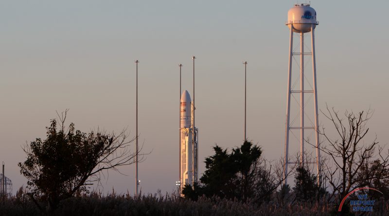 Sunrise over the Mid-Atlantic Regional Spaceport caresses the upgraded Antares 230 rocket with golden light on its final morning on earth.  Photo credit: Jared Haworth / We Report Space