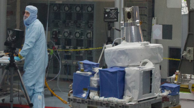 As seen on December 3, 2015, the SAGE-III in a clean room at the SSPF at Kennedy Space Center. (Photo: Bill Jelen/We Report Space)