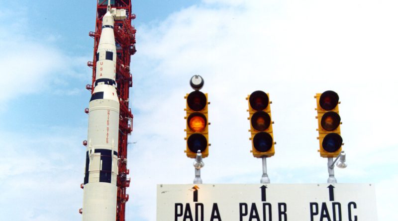 Original signs during the Saturn V era show three pads within Launch Complex 39.  Photo credit: NASA / Public Domain.