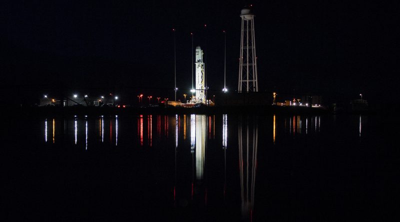 The Northrop Grumman Antares rocket, with Cygnus spacecraft onboard, is seen on Pad-0A, Tuesday, Nov. 13, 2018 at NASA's Wallops Flight Facility in Virginia. Photo credit:  NASA/Joel Kowsky