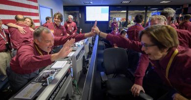 Tom Hoffman, InSight Project Manager, NASA JPL, left, and Sue Smrekar, InSight deputy principal investigator, NASA JPL, react after receiving confirmation that the Mars InSight lander successfully touched down on the surface of Mars, Monday, Nov. 26, 2018 inside the Mission Support Area at NASA's Jet Propulsion Laboratory in Pasadena, California. InSight, short for Interior Exploration using Seismic Investigations, Geodesy and Heat Transport, is a Mars lander designed to study the "inner space" of Mars: its crust, mantle, and core. 
Photo Credit: (NASA/Bill Ingalls)