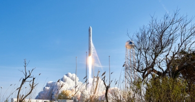 With seagrass waving in the shore breeze, Antares lifts off from Launchpad 0A at the Mid Atlantic Regional Spaceport, Wallops Island, Virginia.  Photo credit: Jared Haworth / We Report Space