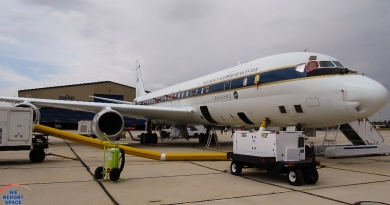 NASA's DC-8 is outfitted with a science laboratory that will measure and characterize the smoke from wildfires. Photo: Bruce "Sparky" Parker / We Report Space.