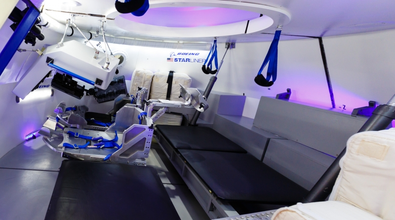 A panoramic view inside the Boeing CST-100 Starliner mockup.  Photo credit: Jared Haworth / We Report Space