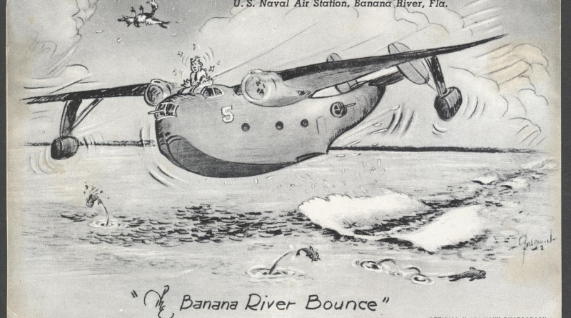 US Navy cartoon depicting the "Banana River Bounce," a Martin PBM Mariner having a bumpy touchdown on the surface of the Banana River.