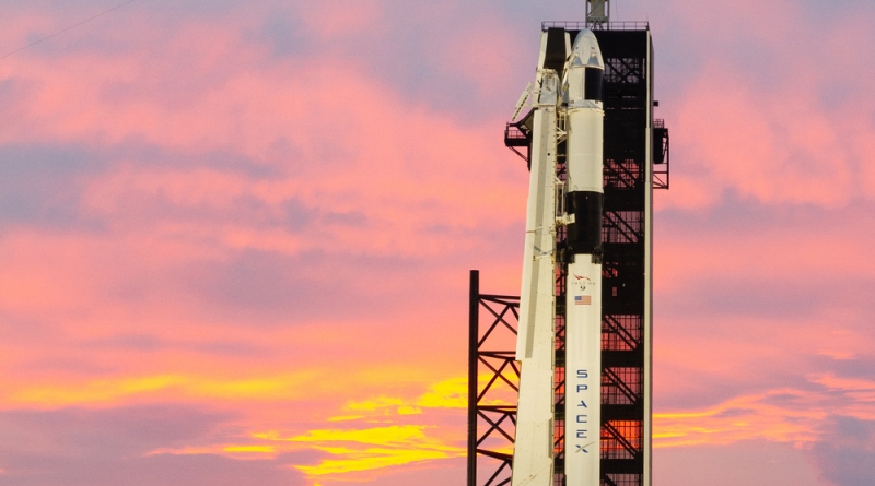 SpaceX's Crew Dragon capsule atop a Falcon 9 rocket prior to the Demo-1 mission in 2019.  A similar spacecraft is scheduled to launch in May 2020 carrying astronauts Robert Behnken and Douglas Hurley to the International Space Station.  Photo credit: Bill Jelen / We Report Space