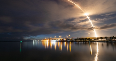 SpaceX's Falcon 9 streaks across the sky, bearing 58 Starlink and three SkySat satellites to orbit on June 13, 2020.  Photo credit: Michael Seeley / We Report Space