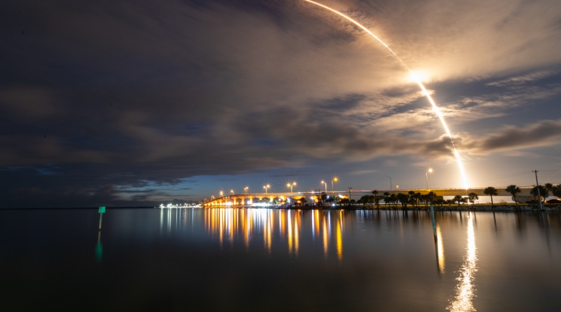 SpaceX's Falcon 9 streaks across the sky, bearing 58 Starlink and three SkySat satellites to orbit on June 13, 2020.  Photo credit: Michael Seeley / We Report Space