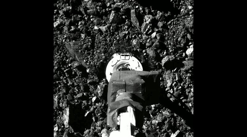 Captured on Oct. 20 during the OSIRIS-REx mission’s Touch-And-Go (TAG) sample collection event, this image shows the SamCam imager’s field of view at the moment when the NASA spacecraft touched down on asteroid Bennu’s surface. The sampling event brought the spacecraft all the way down to sample site Nightingale, and the team on Earth received confirmation of successful touchdown at 6:08 p.m. EDT. Preliminary data show the sampling head touched Bennu’s surface for approximately 6 seconds, after which the spacecraft performed a back-away burn. Credit: NASA/Goddard/University of Arizona