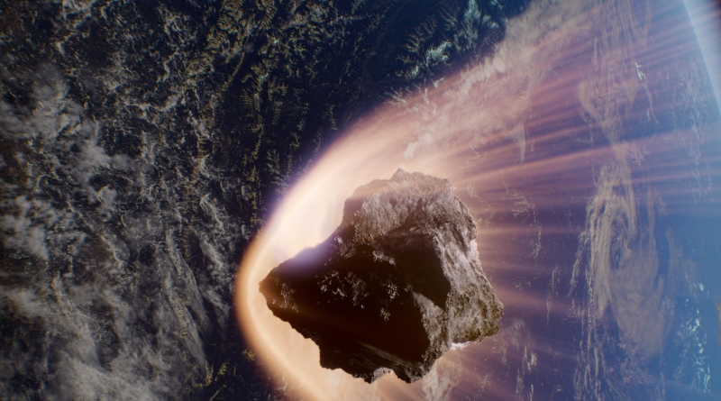 A fictional asteroid punches into Earth’s atmosphere at 38,000 miles per hour in the IMAX® filmAsteroid Hunters.© 2020 IMAX Corporation