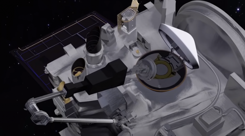 A still frame from an animation released by the OSIRIS-REx team depicts the TAGSAM collection head being stowed in the sample return capsule.  Credit: NASA/NASA Goddard Spaceflight Center/OSIRIS-REx Mission