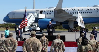 Vice President Mike Pence addresses airmen assigned to the 45th Space Wing at Cape Canaveral Space Force Station's Skid Strip.  Photo credit: Michael Howard / We Report Space