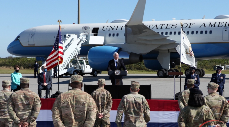 Vice President Mike Pence addresses airmen assigned to the 45th Space Wing at Cape Canaveral Space Force Station's Skid Strip.  Photo credit: Michael Howard / We Report Space