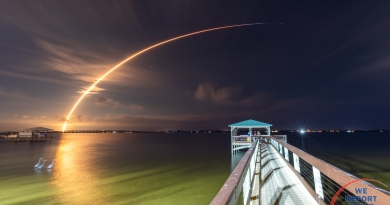 Turksat 5A rides to orbit aboard a Falcon 9 rocket, as captured in this 3-minute long exposure from Palm Shores, FL.  Photo credit: Michael Seeley / We Report Space