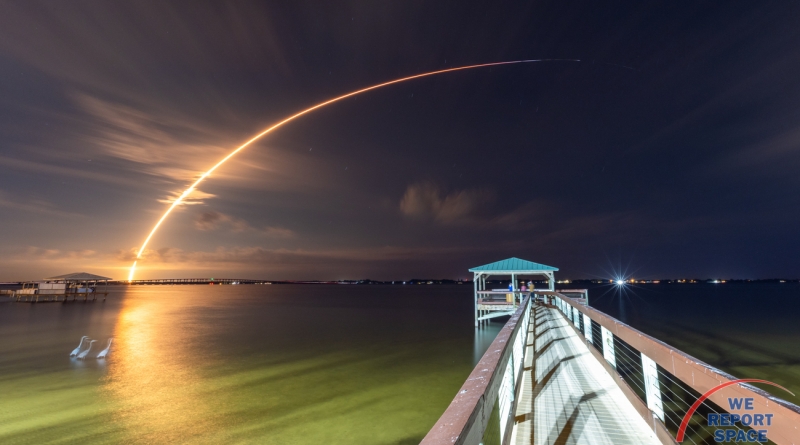 Turksat 5A rides to orbit aboard a Falcon 9 rocket, as captured in this 3-minute long exposure from Palm Shores, FL.  Photo credit: Michael Seeley / We Report Space