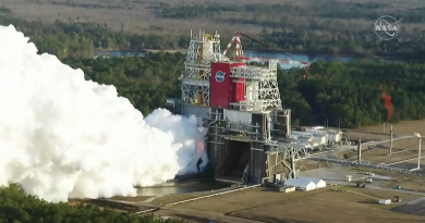 NASA's Space Launch System fires up all four engines of the core stage for a planned full-duration test burn. Photo credit: NASA TV