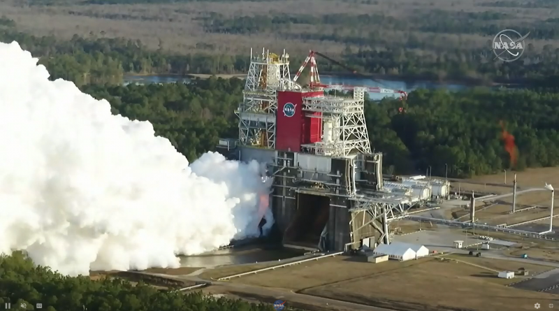 NASA's Space Launch System fires up all four engines of the core stage for a planned full-duration test burn. Photo credit: NASA TV