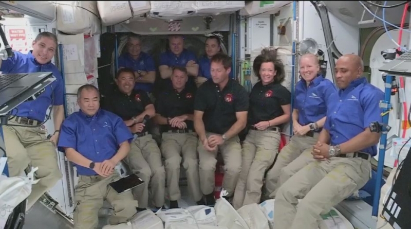 The 11 astronauts aboard the International Space Station pose for a group photo following the arrival of the Crew-2 complement. Photo credit: NASA