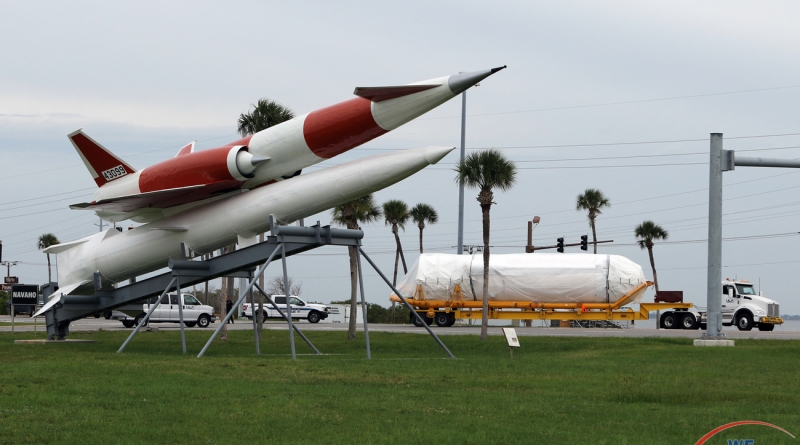 Atlas V's Centaur upper stage passes behind a recently restored Navajo missile located at the southern entrance to Cape Canaveral Space Force Station.  Photo credit: Michael Howard / We Report Space