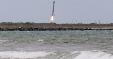 The first stage booster of SpaceX's Falcon 9 returns to land at Cape Canaveral Space Force Station. Photo credit: Michael Howard / We Report Space