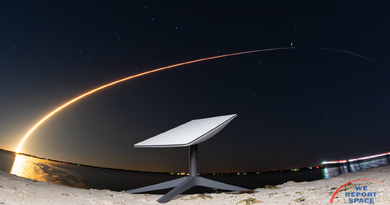 SpaceX's final Starlink launch of 2022 streaks over a first-generation Starlink receiver dish.  Two-photo composite by Michael Seeley / We Report Space