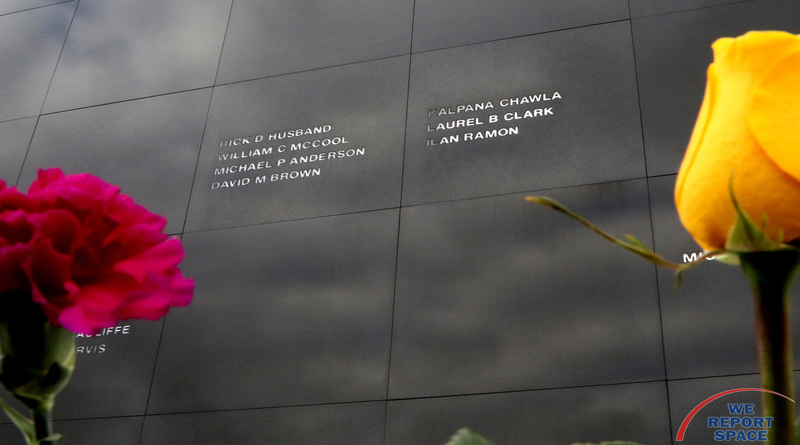 The Space Memorial Mirror features the names of astronauts lost in the pursuit of human spaceflight.  These seven names represent the crew of the Space Shuttle Columbia, which was destroyed on re-entry in February 2003.  Photo credit: Michael Howard / We Report Space