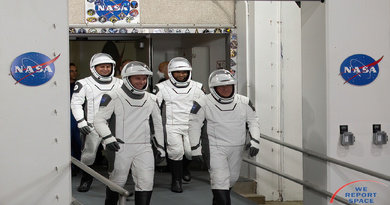 Astronauts flying the SpaceX Crew-6 mission emerge from the Operations and Checkout Building at Kennedy Space Center, shortly before boarding the Dragon spacecraft to take them to orbit.  Photo credit: Graham Smith / We Report Space