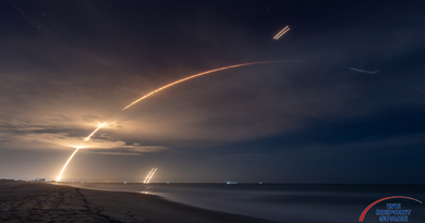 Long duration exposure of the launch and landing of SpaceX's Falcon Heavy rocket during the Jupiter 3 mission, as seen from Cocoa Beach, Florida.  Photo credit: Michael Seeley / We Report Space